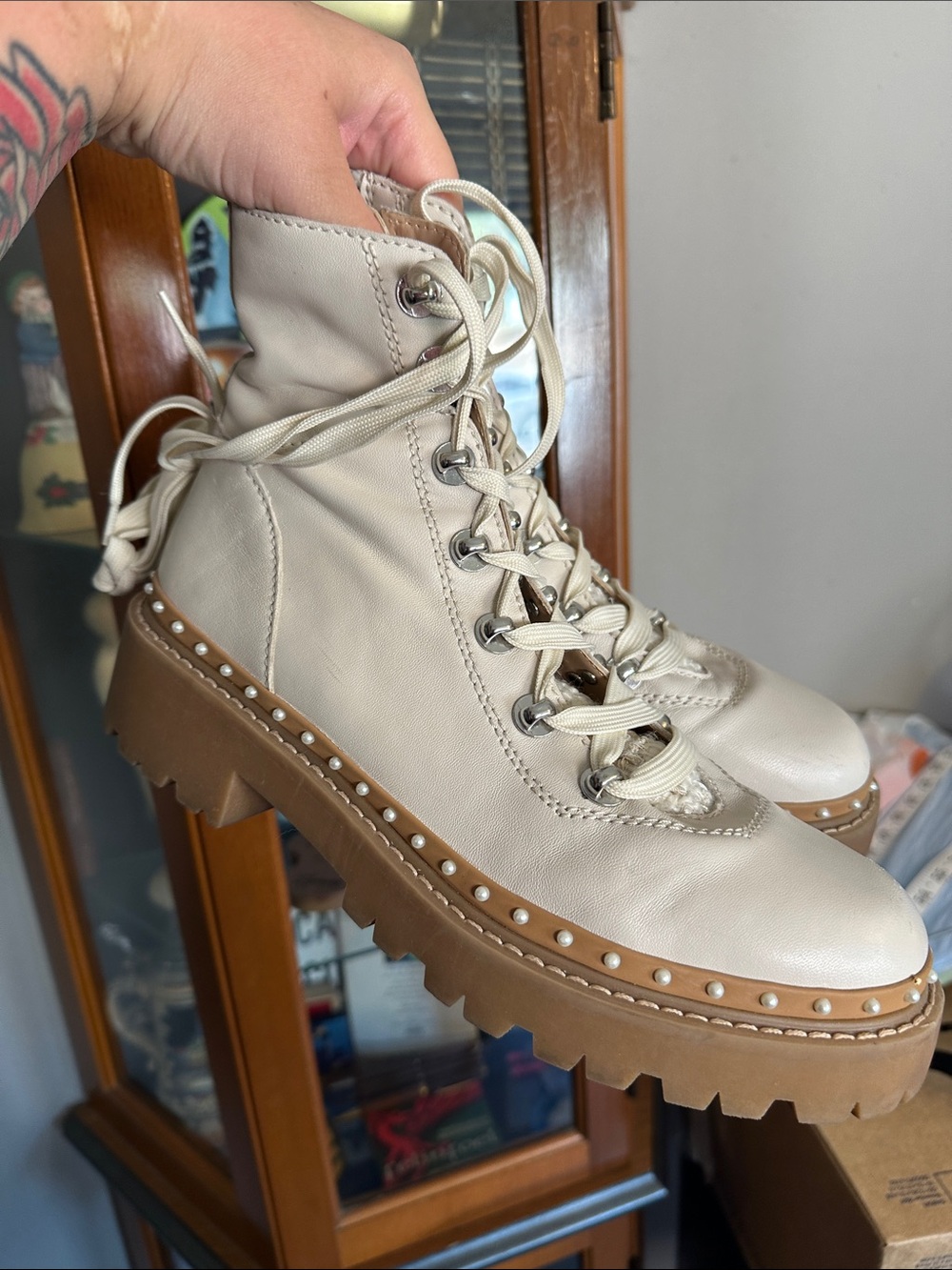 Steve Madden Cream Lace-Up Lug Boots with Studded Trim